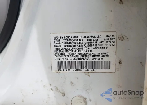 2015 Honda Pilot Se z USA, uszkodzony, nr VIN 5FNYF3H33FB026863